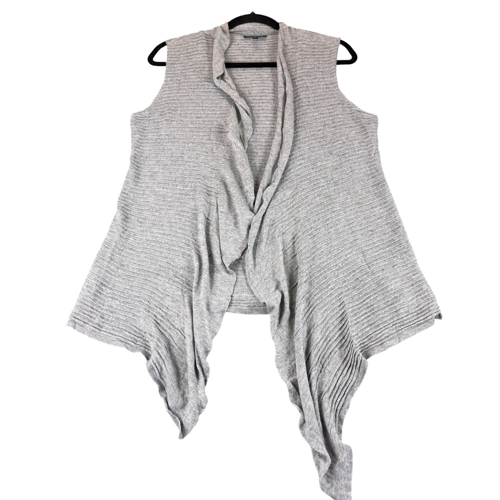 Eileen Fisher Gray Ribbed Knit Sharkbite Open Front‎ Vest Cotton Linen Blend M